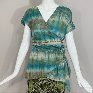 Vintage Johnny Heaven Tie-Dye Cinched Waist Blouse 3D Floral Accent Mesh Sz 2XX